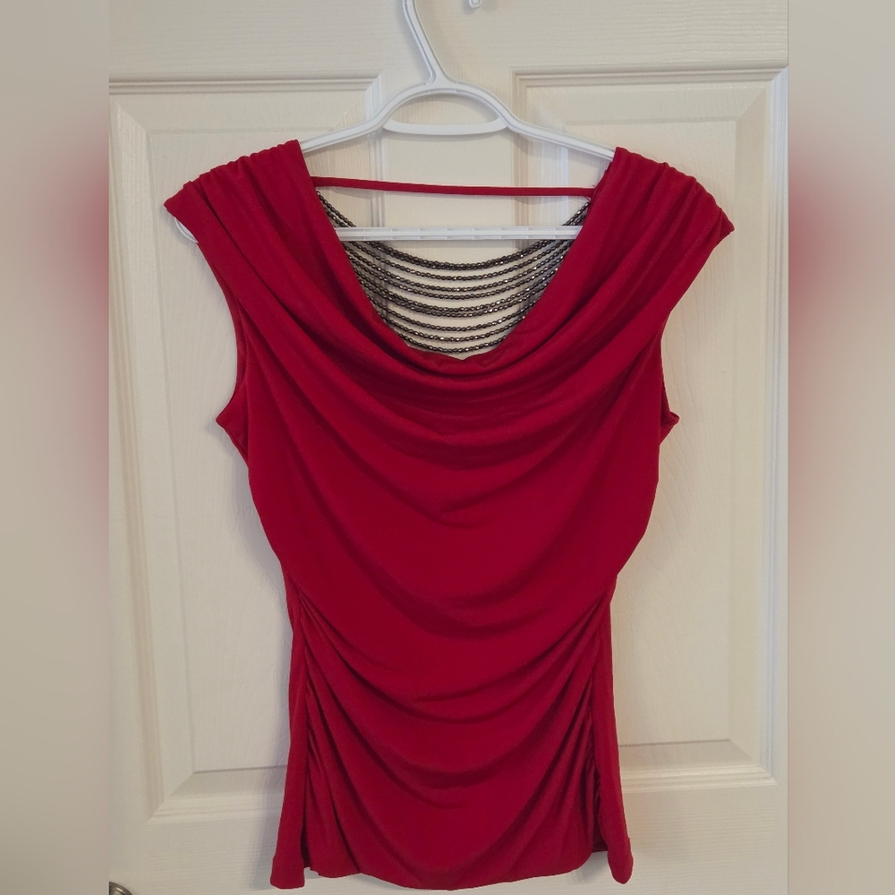 New (No Tags) Elegant Capped Sleeves Red Draped Junior's Small Top, Beaded Back
